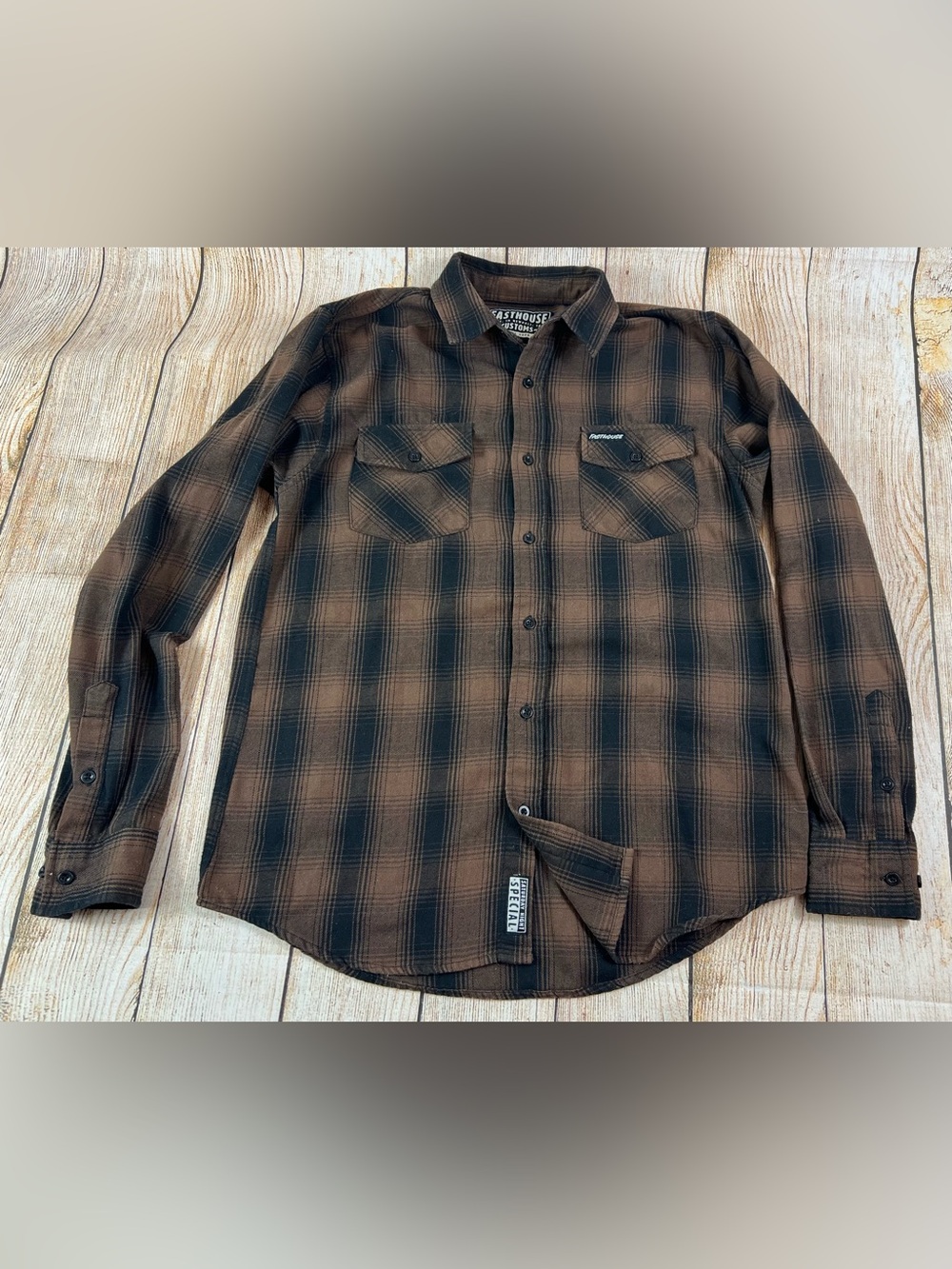 Fasthouse Customs Saturday Night Special Brown Plaid Flannel Shirt Size Medium